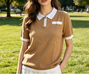 Women's Camel Knit Polo <b>Shirt</b> Short Sleeve Turn-down Collar Zipper Closure Preppy Style 100% Cotton Solid Color <b>Sweater</b> - Product Image 1
