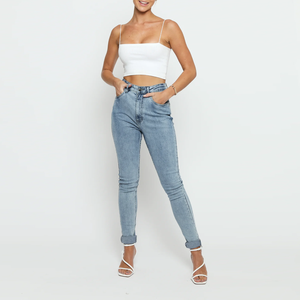 กางเกงยีนส์ทรงหลวมเอวสูงสำหรับผู้หญิง หลายกระเป๋า ล้างสีซีด กางเกงคาร์โก้ขาบาน - Product Image 1