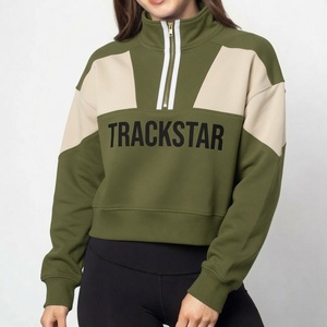 Women Cropped Quarter Zip Sweatshirt Dark Green Beige Colorblock Trackstar Graphic Casual Long Sleeve Sportswear Activewear - Product Image 3