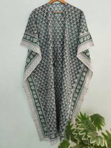 Floral Bagru Print Cotton Kaftan : Indian <b>Long</b> <b>Boho</b> Maxi Summer <b>Dress</b> V - Neck Loungewear - Product Image 3