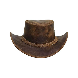 Sombrero de Vaquero de Cuero Marrón Más Vendido, Ala Ancha, Estilo Vintage Desgastado, con Banda Trenzada, Unisex para Adultos, OEM ODM - Product Image 6