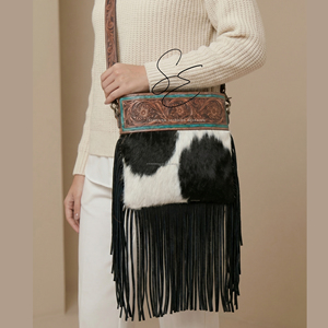 Bolso Bandolera de Cuero con Flecos de Pelo de Cabra Estilo Vaquero 2026, Bolso Cruzado de Cuero Repujado Turquesa para Mujer, Bolso Rústico de Vaquera - Product Image 3