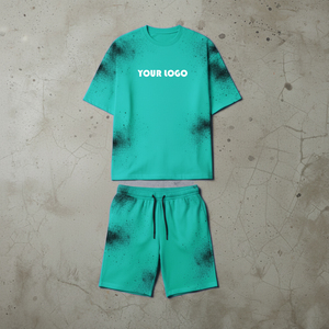 Custom Logo Streetwear Men's T-Shirt <b>Set</b> 100% Cotton Monkey Wash Spray Dyed Raw Hem Double Waist Shorts Tracksuit for Summer - Product Image 3