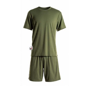 Wholesale Mens Olive Green Crew Neck <b>T</b>-<b>Shirt</b> And Shorts Set Solid Color Quick Dry Knitted Fabric Casual Summer Wear Eco-Friendly - Product Image 1