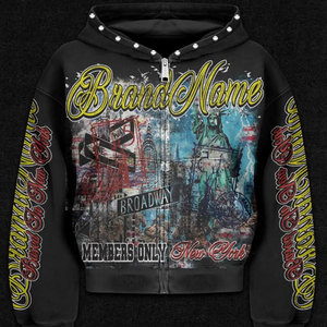 Hoodie de luxe personnalisé en patchwork avec strass et cristaux, effet délavé, fermeture éclair intégrale, en coton épais, style streetwear, par un fabricant de vêtements - Product Image 4