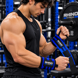 ผ้าพันข้อมือ RHINO FITNESS สีน้ำเงิน ผ้าฝ้าย สำหรับมือซ้าย แบบติดตีนตุ๊กแก สำหรับยกน้ำหนักและออกกำลังกาย - Product Image 3