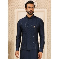 Veste Nehru bleu marine pour homme avec travail de sequins et bas en soie artificielle, ensemble de vêtements d'extérieur pour homme