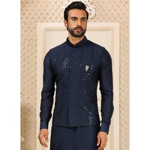 Navy Blue Nehru Jacket for Men Sequence Work with <b>Art</b> Silk Bottom Men's Outerwear Set - Product Image 5