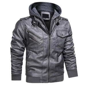 Veste en cuir PU bleue pour homme avec capuche, manches longues, coupe-vent, style automne - Product Image 3