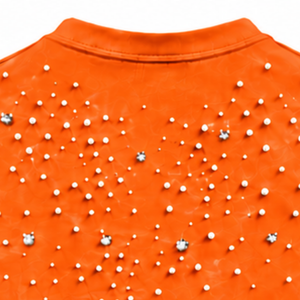 Unisex <b>Bright</b> Orange Pearl Studded <b>T</b> <b>Shirt</b> Stylish Crew Neck Short Sleeve Pearl Embellished Tee for Streetwear and Party Fashion - Product Image 4