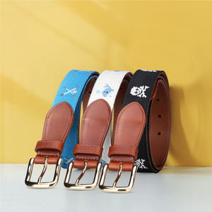 Ceinture de golf décontractée pour hommes en cuir véritable marron avec sangle en toile à boucle ardillon et motif brodé à l'aiguille, qualité supérieure - Product Image 4