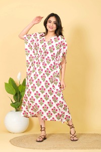 Cotton Kaftan For Women Hand Block Print Relaxed Fit Bohemian Dress Beachwear <b>Maxi</b> Dress - Product Image 2