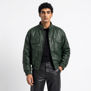 Proveedor Mayorista Profesional de Chaquetas de Cuero Verde para Hombre, Chaqueta Bomber con Cuello Alto y Cremallera, Abrigo Casual de Otoño, Ropa Exterior para Motocicleta - Product Image 1