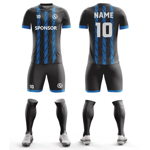 Conjunto de Uniforme de Fútbol Sublimado Personalizado de Primera Calidad para Hombre, Negro con Rayas Azules, Cuello en V, Manga Corta, Absorbe la Humedad, para Adultos, Todas las Temporadas - Product Image 3