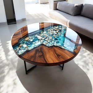 Mesa de Comedor/Mesa de Centro Redonda Personalizada al por Mayor con Tapa de Madera y Resina Epoxi - Product Image 3