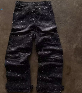 Pantalon en jean streetwear BENTURA personnalisé avec logo, coupe droite, effet froissé, délavé à l'acide, orné de strass et de perles pour homme - Product Image 1