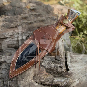 Couteau de chasse OEM Wirecut en acier Damas, couteau à dépecer, manche en bois de cerf, lame fixe, couteau de camping et d'extérieur EDC avec étui en cuir - Product Image 3
