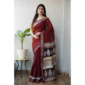 Sari de lino y algodón puro con estampado especial y blusa de lino a precio de ganga para mujer, que le da un look encantador en cualquier ocasión. - Product Image 1