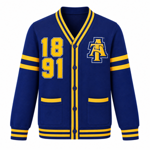 Wholesale Custom NC A&T State University Varsity <b>Cardigan</b> Sweater Embroidered College Letterman <b>Button</b> Up Private Label - Product Image 1