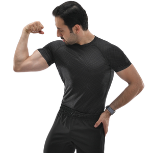 T-shirt de compression pour homme à motif diagonal fin, manches raglan courtes, col rond, séchage rapide, coupe ajustée, haut d'entraînement, fournisseur OEM en gros personnalisé - Product Image 2
