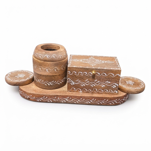 Boho Style Wooden <b>Incense</b> Burner Set On Oval Tray With Hand Painted White Wave Motifs Round Holders And Hinged Storage <b>Box</b> - Product Image 2