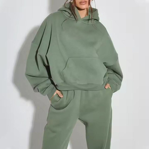 Women Hooded Tracksuit Set Solid Green Full Sleeve Casual Loose Fit 100% Cotton Sweatshirt Joggers <b>Pants</b> Autumn Wear - Product Image 4