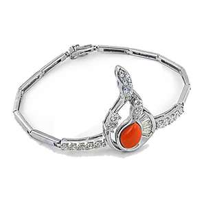 Beautiful Antique Style <b>Cubic</b> <b>Zirconia</b> & Synthetic Coral Silver <b>Bracelet</b> - Product Image 1