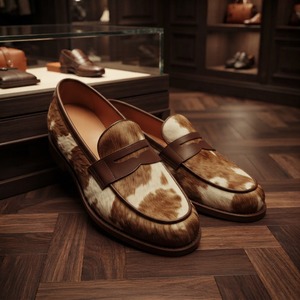 Genuine Leather <b>Cow</b> <b>Print</b> Loafers Round Toe Slip-On Men's <b>Dress</b> Shoes All Seasons Rubber Outsole PU Midsole - Product Image 3