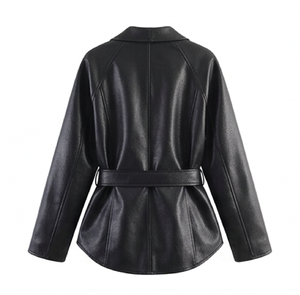 <b>Womens</b> Customized Color Woven Leather V-neck Collar Long Sleeve <b>Wrap</b> <b>Coat</b> Breathable Elegant Casual Fashion Outerwear - Product Image 2