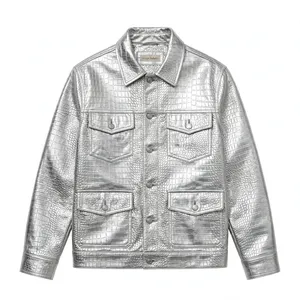 Veste de camionneur unisexe en similicuir argenté métallisé effet croco, 4 poches, boutonnée, vêtement d'extérieur tendance, logo personnalisé - Product Image 3