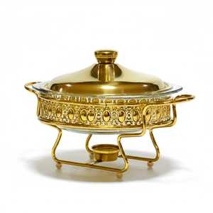 Premium Round Gold Chafing Dish with Glass Bowl and Stainless Steel Lid Luxury <b>Buffet</b> Food <b>Warmer</b> with Fuel Holder and Stand - Product Image 1