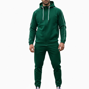 Ensemble de survêtement en coton vert pour homme HMA, sweat à capuche zippé et pantalon de jogging avec bande blanche - Product Image 1