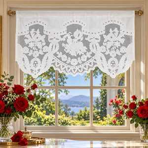 Elegante Cortina Transparente Blanca con Bordado Floral, Cortinas Cortas con Corte Festoneado para Cocina, Sala de Estar y Cafetería - Product Image 1