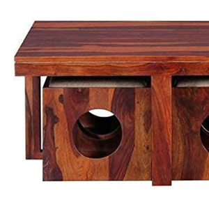 Table basse carrée en teck artisanal avec 4 tabourets, petite table centrale en bois marron pour salon, entrée, dressing, décoration - Product Image 4
