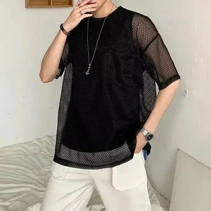 เสื้อยืดผู้ชาย Y2K ลายตารางโปร่งแสง แขนสั้นอเนกประสงค์ เสื้อยืดสตรีทแวร์ สีพื้น สำหรับฤดูร้อน เสื้อผ้าผู้ชาย 2024 - Product Image 5