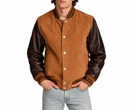 Veste de baseball en cuir véritable bicolore faite à la main pour homme, style vintage, marron