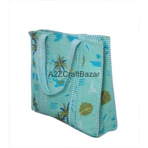 กระเป๋าโท้ทผ้าฝ้ายเย็บมือสำหรับผู้หญิง หูหิ้วยาว ลายพิมพ์บล็อกอินเดียแบบลายทาง เหมาะสำหรับใช้ไปทะเลและงานปาร์ตี้ - Product Image 1