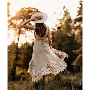 Robe longue bohème à volants pour femme, manches longues, col en V, taille naturelle, fluide, pour les vacances d'été, lavable, 100 % coton - Product Image 4