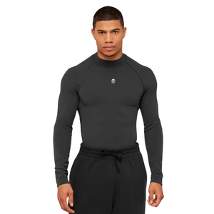 T-shirt de compression à manches longues pour homme, coupe musclée, gris, côtelé, extensible, pour la gym, l'entraînement, la performance athlétique - Product Image 1