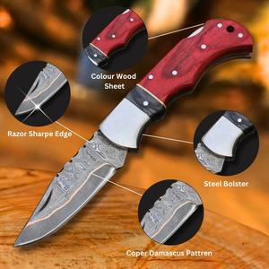 มีดพับอเนกประสงค์เหล็กดามัสกัสทองแดง พร้อมระบบล็อคด้านหลัง ด้ามไม้ปักก้า ปลอกมีดทำจากไม้ปักก้า คุณภาพระดับอุตสาหกรรม Cu Mai สำหรับพกพา EDC ล่าสัตว์ - Product Image 5