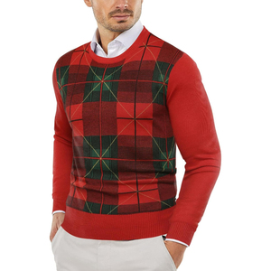 Pull à col rond pour homme en tissu écossais rouge, manches longues, chaud pour l'hiver, 100% acrylique, anti-boulochage, épaisseur standard - Product Image 1