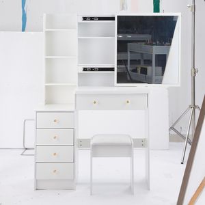 Tavolo da Trucco Extra Large da 37 Pollici con Specchio Scorrevole a Destra, Multistrato, Alta Capacità, con Sgabello Imbottito, Dimensioni Medie, Comodino Sinistro - Product Image 5