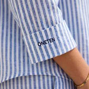 เสื้อเชิ้ตแขนยาวลายทางสีฟ้าขาวสำหรับผู้หญิงและกางเกงขายาวทรงกว้าง ชุดลำลองน้ำหนักเบา 2 in 1 ชุดลำลองสำหรับฤดูใบไม้ร่วง - Product Image 6