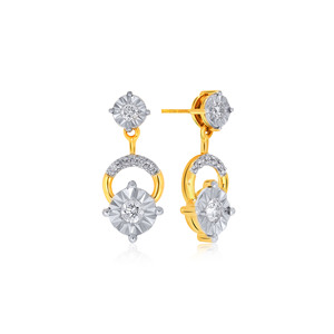 Boucles d'oreilles pendantes élégantes bicolores dorées à motif floral avec grandes pierres rondes transparentes scintillantes et design à maillons circulaires incurvés - Product Image 2