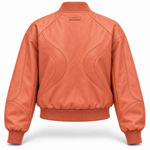 Chaqueta de cuero color coral melocotón para mujer, abrigo bomber de piel de cordero auténtica con costuras onduladas y ribetes acanalados, proveedor mayorista Darkry - Product Image 2