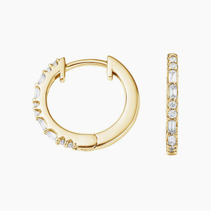 Lab Grown Diamond Baguette & Round Hoop Earrings Classic <b>Huggie</b> Style 10K 14K 18K Gold 925 935 <b>Silver</b> Wedding Engagement Gift - Product Image 2