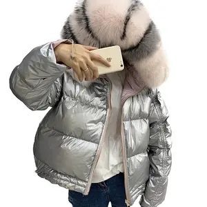 Down Bubble Coats Shiny Womens Wholesale Custom Big Real Fox Fur Trimming Hooded Puffer Jacket