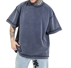 เสื้อยืดโอเวอร์ไซส์ทรงหลวมสไตล์วินเทจสำหรับผู้ชาย ผ้าฝ้าย 100% เสื้อยืดสตรีทแวร์ลำลองทรงหลวม ล้างสีแบบแอซิดวอช สีซีดแบบซันเฟด - Product Image 4