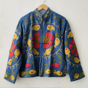Chaqueta de algodón Suzani hecha a mano en India, chaqueta corta bordada a mano, abrigo unisex, chaqueta corta Suzani hecha a mano - Product Image 2