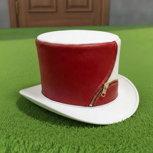 High quality custom made Handmade <b>Red</b> And White Leather Steampunk <b>Hat</b> Gothic <b>Top</b> <b>Hat</b> with Zipper Cosplay - Product Image 5